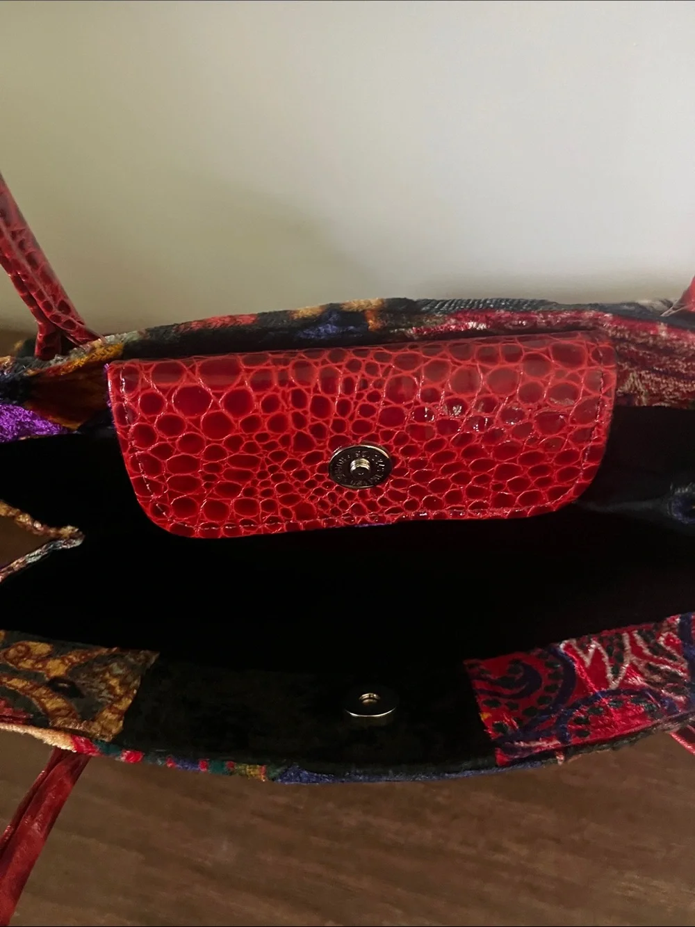 Julie Feldman Patchwork Velvet Tote with Crocodile Red Handles